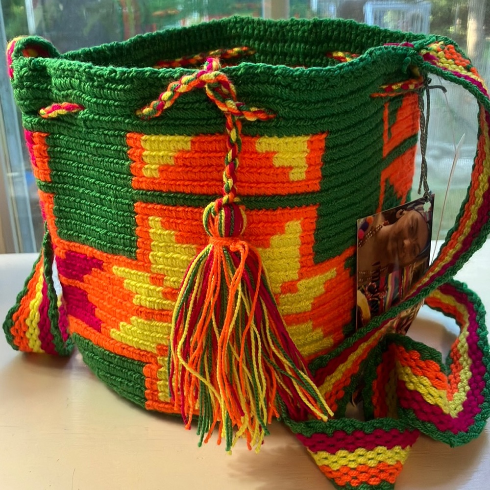 Wayuu small Mochila bags Handmade green, orange yellow and multi-colored strap